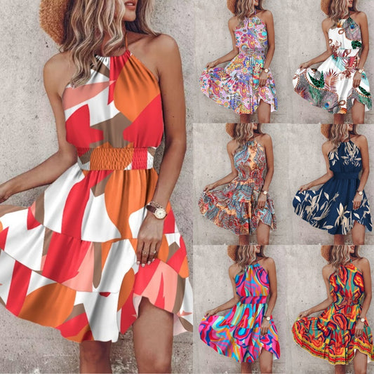 Printed Halter Dress 3D Effect A-Line Sleeveless Mid Skirt