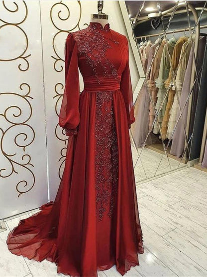 Stand Collar Luxury Long Sleeve Evening Dress  ((DHL Fast Shipping))