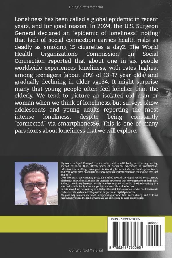 Book back cover with text about loneliness, a person's face, and a barcode.