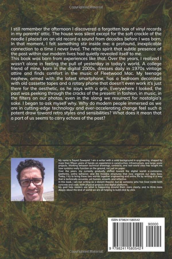 Back cover of a book with text and a photo of a man on a green camouflage patterned background