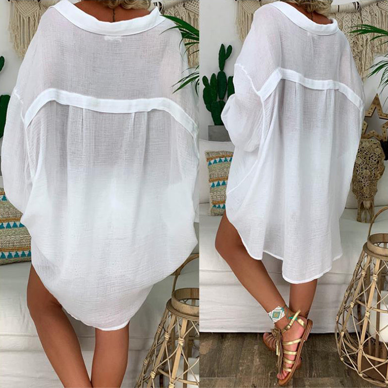 Plus Size Sheer Notch Lapel Dress – Lightweight Button Front Midi