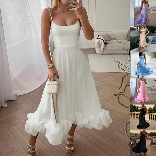 Floral Chiffon Suspender Dress – Elegant A-Line Swing Summer Outfit