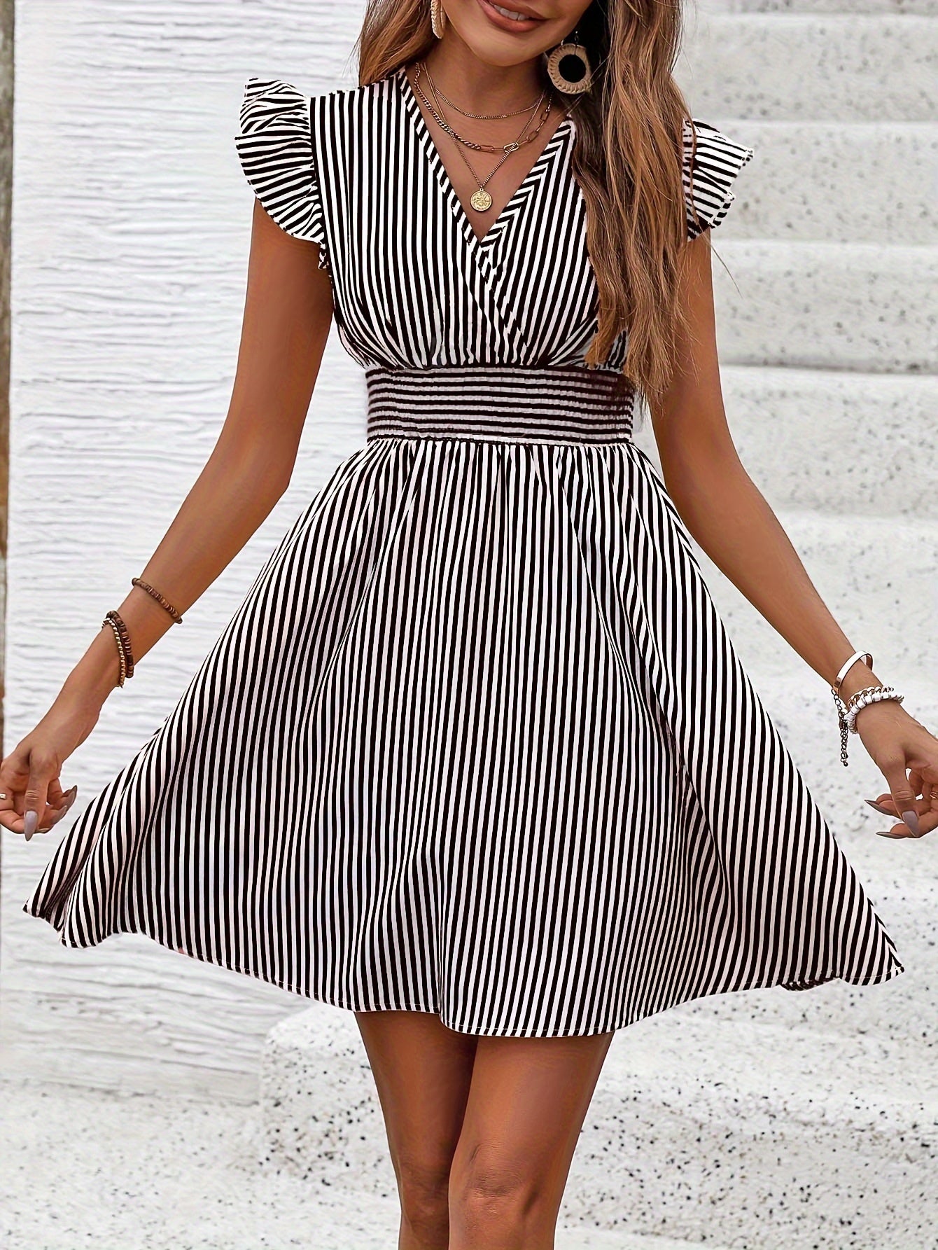 Women’s Summer Mini Dress – Striped V-Neck A-Line with Flutter Sleeves