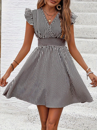 Women’s Summer Mini Dress – Striped V-Neck A-Line with Flutter Sleeves
