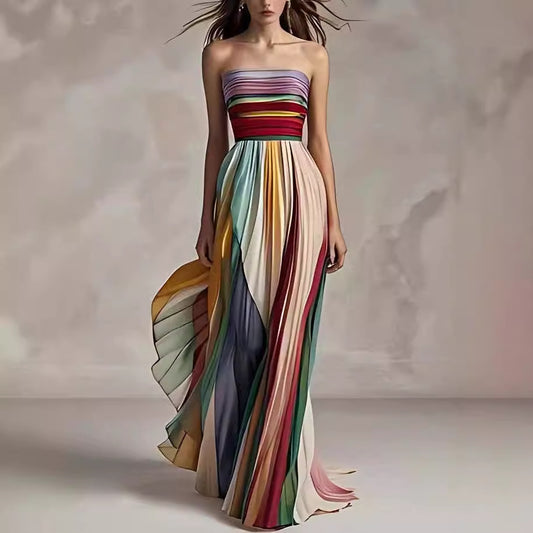 Sexy Tube Top Backless Maxi Dress – Striped Swing A-Line Summer Outfit