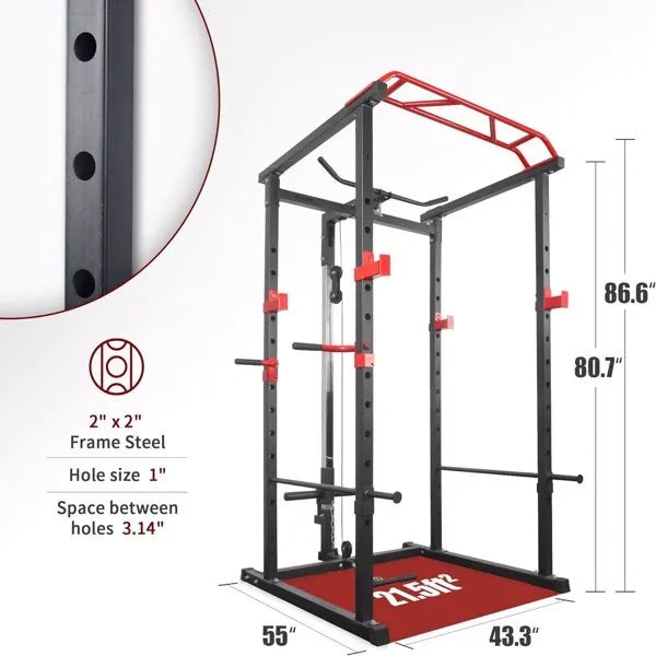 Gym power rack with dimensions and specifications on a white background