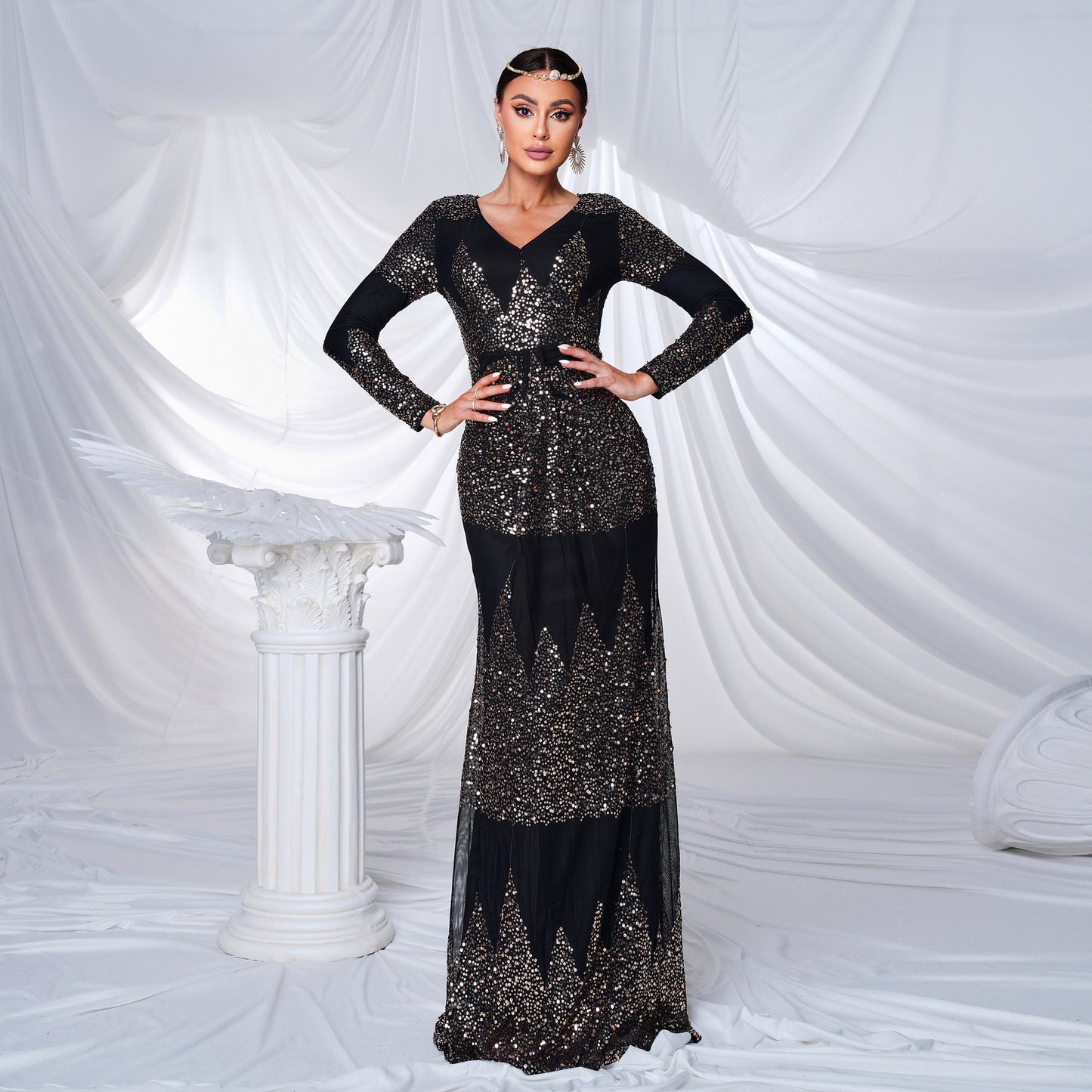 Long Sleeve V-neck Sexy Slim-fit Long Sequined Banquet Evening Dress  
((DHL Fast Shipping))