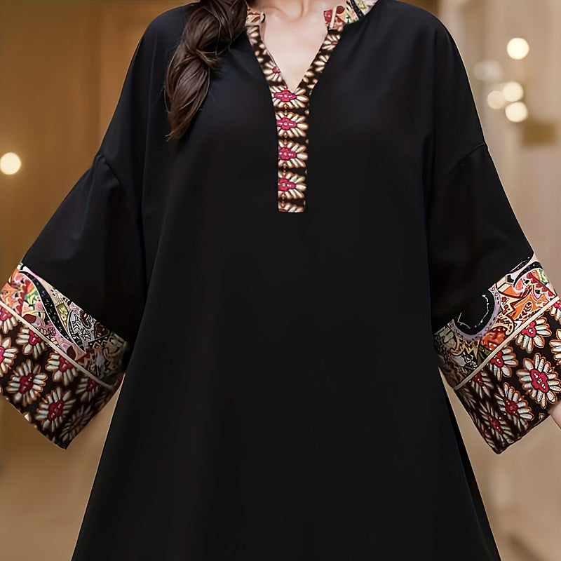Women’s Plus Size Ethnic Print Maxi Dress – Boho V-Neck Long Sleeve
