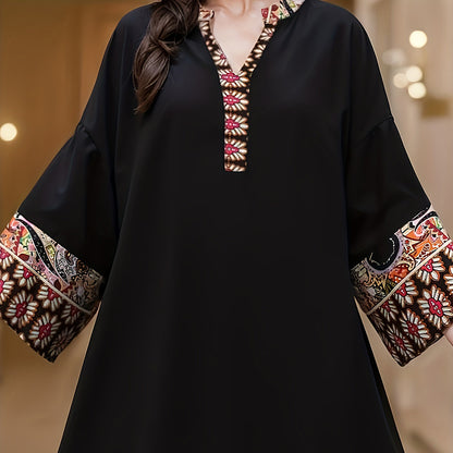 Women’s Plus Size Ethnic Print Maxi Dress – Boho V-Neck Long Sleeve