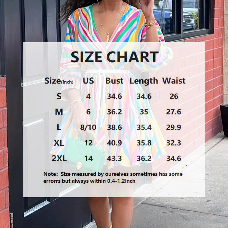 Woman wearing a colorful dress with a size chart overlay