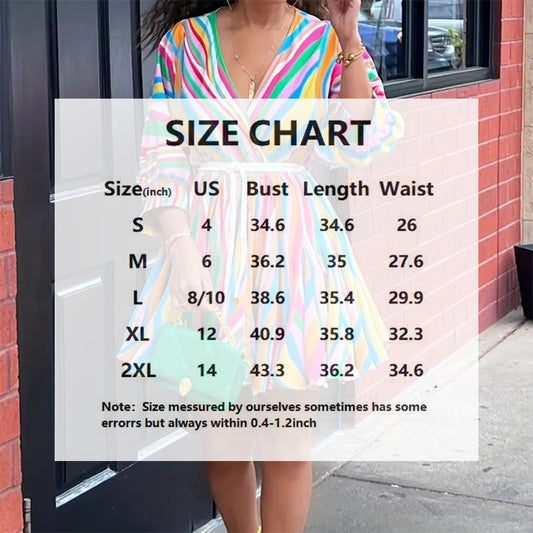 Woman wearing a colorful dress with a size chart overlay