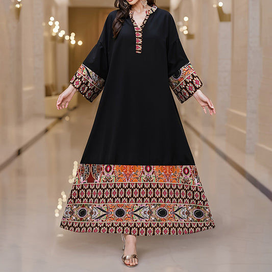 Women’s Plus Size Ethnic Print Maxi Dress – Boho V-Neck Long Sleeve