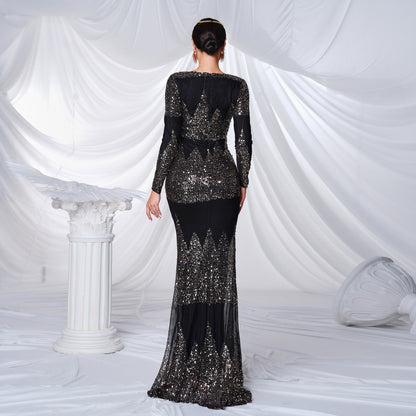 Long Sleeve V-neck Sexy Slim-fit Long Sequined Banquet Evening Dress  
((DHL Fast Shipping))