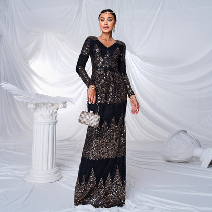 Long Sleeve V-neck Sexy Slim-fit Long Sequined Banquet Evening Dress  
((DHL Fast Shipping))