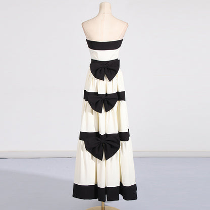 Tube Top Contrast Color Striped Bow Decoration Dress ((DHL Fast Shipping))