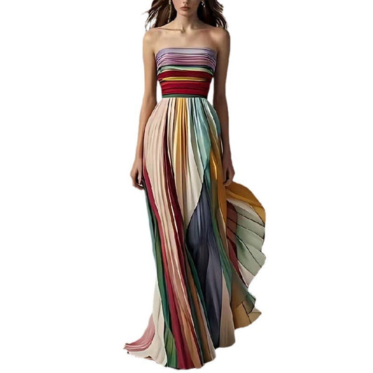 Sexy Tube Top Backless Maxi Dress – Striped Swing A-Line Summer Outfit