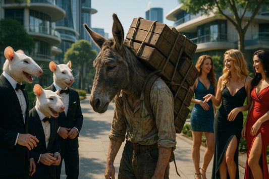AI Prompt – Exhausted Donkey Surrounded by Laughing Elites
