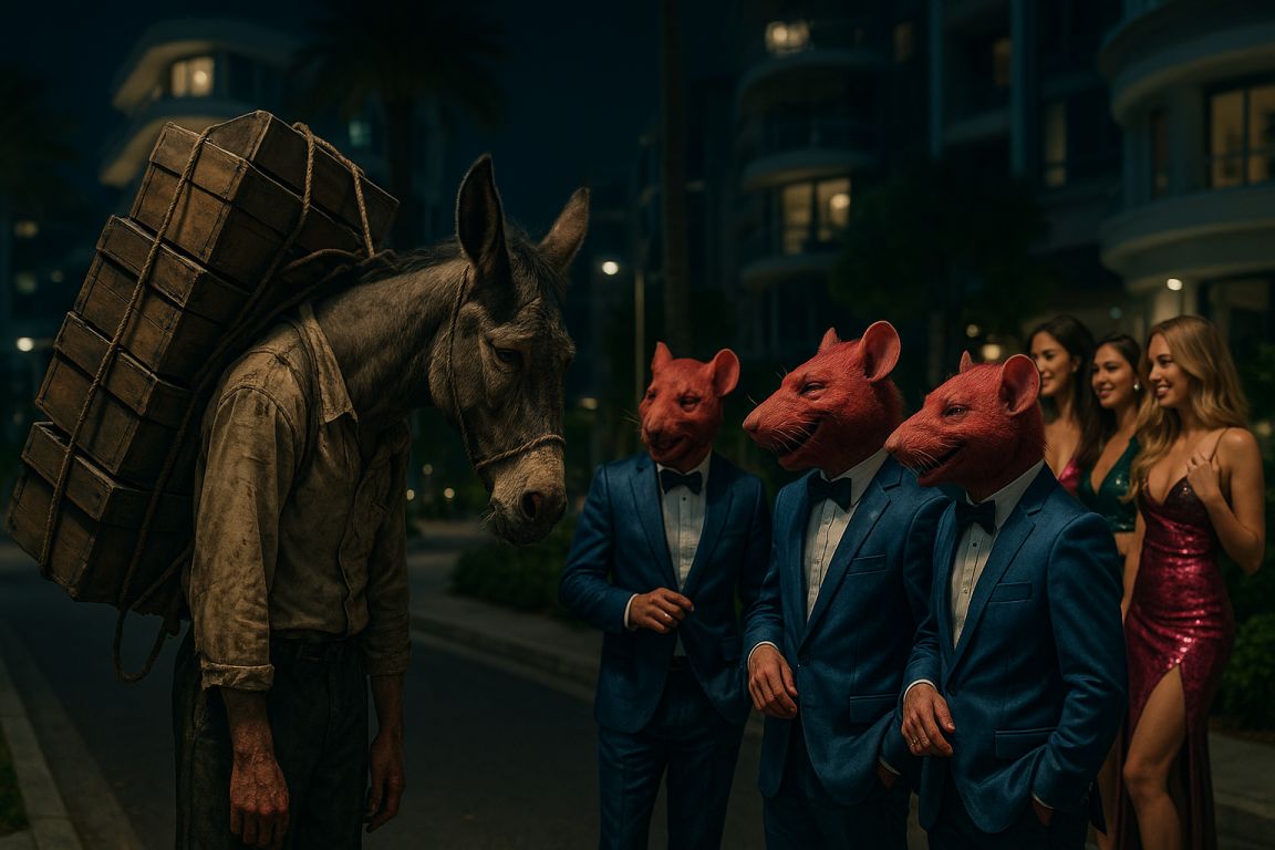 AI Prompt – Exhausted Donkey Surrounded by Laughing Elites