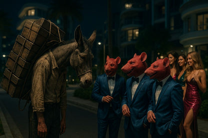 AI Prompt – Exhausted Donkey Surrounded by Laughing Elites