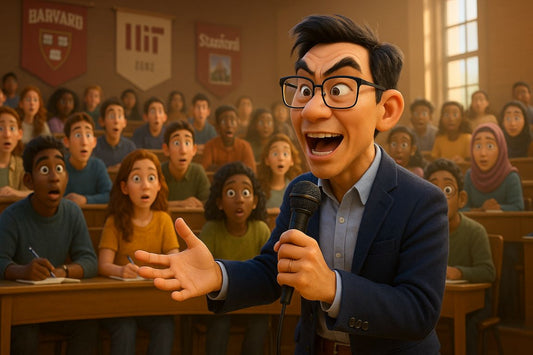 AI Prompt – Energetic Cartoon Teacher Impresses University Students