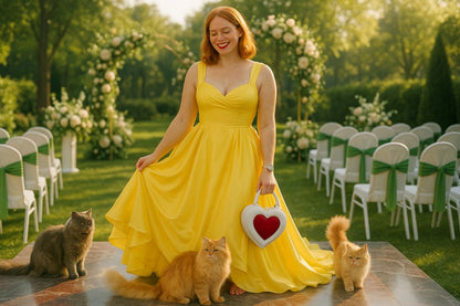 AI Prompt – Bride Outdoors with Cats and Heart Symbol