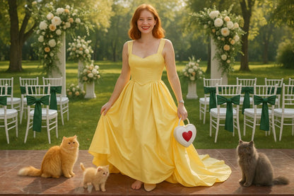 AI Prompt – Bride Outdoors with Cats and Heart Symbol