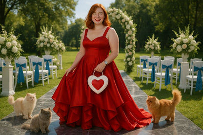 AI Prompt – Bride Outdoors with Cats and Heart Symbol