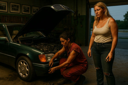 AI Prompt – Car Mechanic Repairing Classic Mercedes While Woman Watches