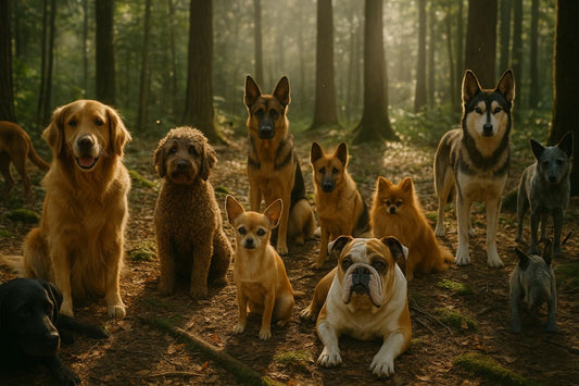 AI Prompt – Group of Dogs in Forest Golden Light