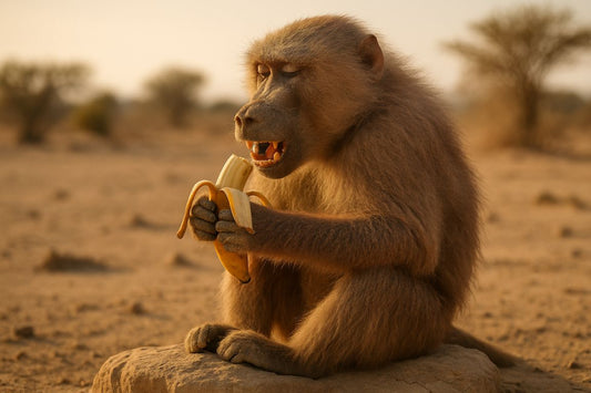 AI Prompt | Funny Baboon Eating Banana in Desert