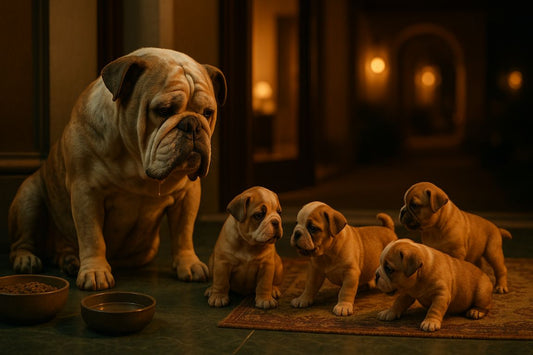 AI Prompt – Bulldog Watching Puppies Indoors at Night