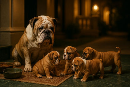 AI Prompt – Bulldog Watching Puppies Indoors at Night