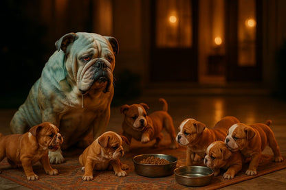 AI Prompt – Bulldog Watching Puppies Indoors at Night
