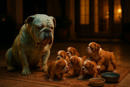 AI Prompt – Bulldog Watching Puppies Indoors at Night