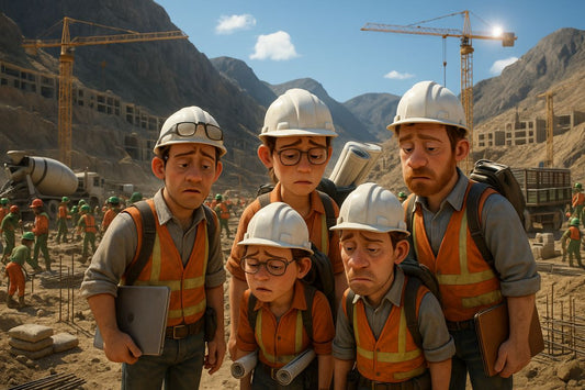 AI Prompt – Cartoon Engineers at Construction Site in Despair