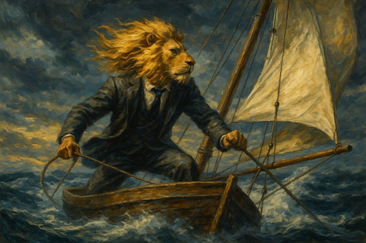 AI Prompt – Lion-Headed Leader Sailing Through the Storm in Oil Painting Style