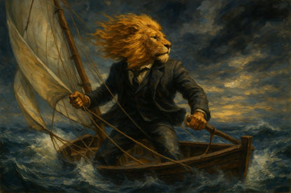 AI Prompt – Lion-Headed Leader Sailing Through the Storm in Oil Painting Style