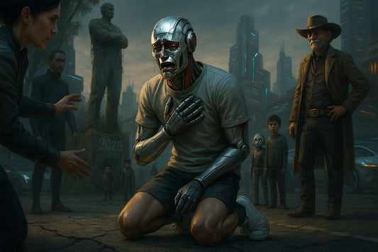 AI Prompt – Emotional Robot Kneeling in Futuristic City