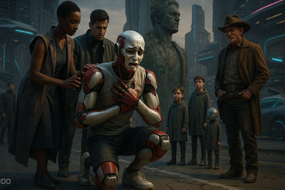 AI Prompt – Emotional Robot Kneeling in Futuristic City