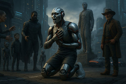AI Prompt – Emotional Robot Kneeling in Futuristic City