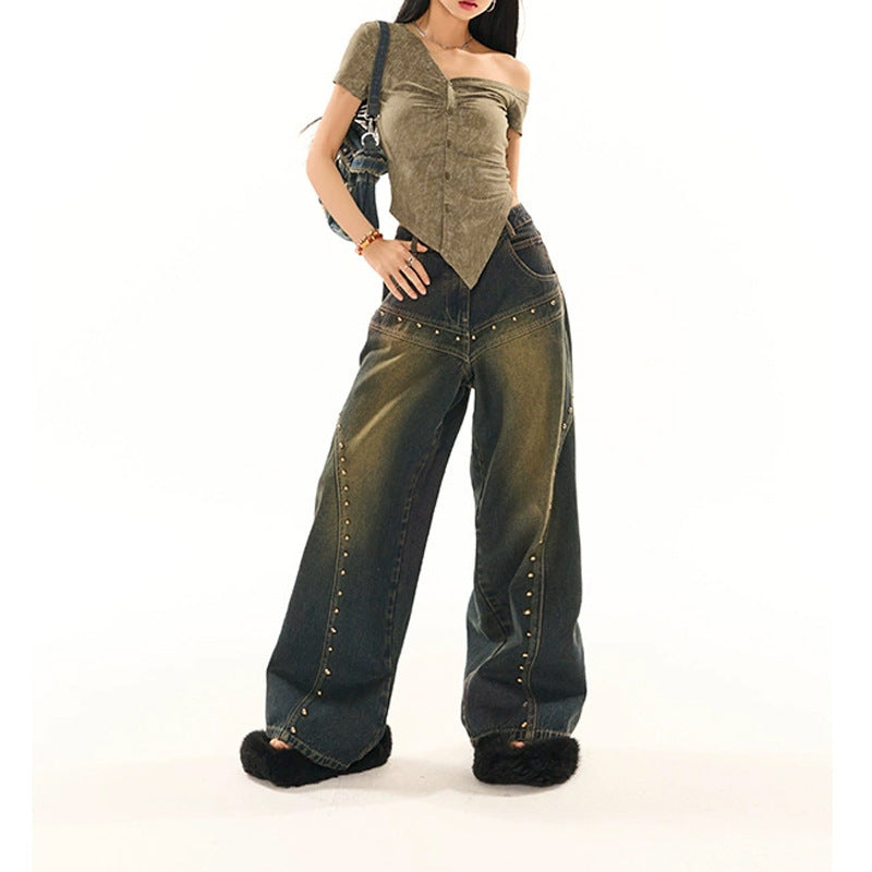 Vintage Blue Low Waist Wide Leg Jeans Women