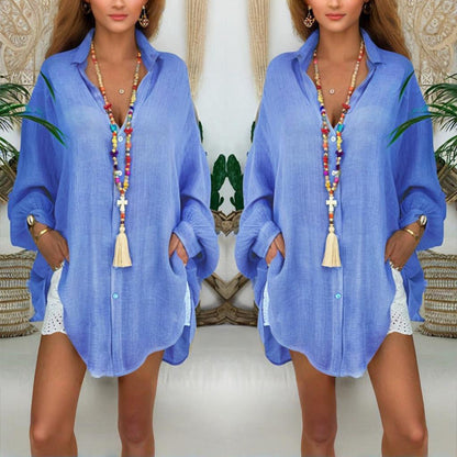 Plus Size Sheer Notch Lapel Dress – Lightweight Button Front Midi
