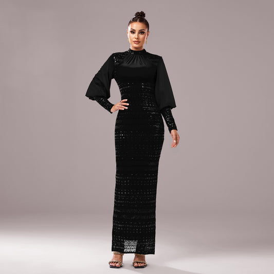 Long Sleeve Round Neck Sequins Slit Evening Dress  ((DHL Fast Shipping))