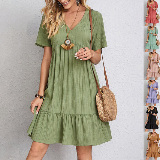V-Neck Ruffle Summer Dress Casual Loose Short Sleeve Beach Outfit
