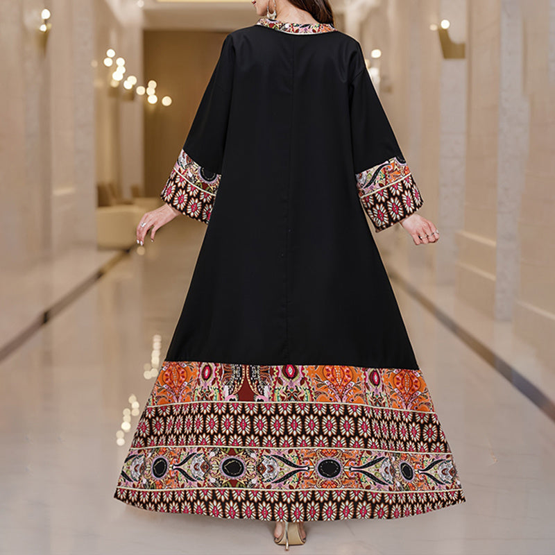 Women’s Plus Size Ethnic Print Maxi Dress – Boho V-Neck Long Sleeve