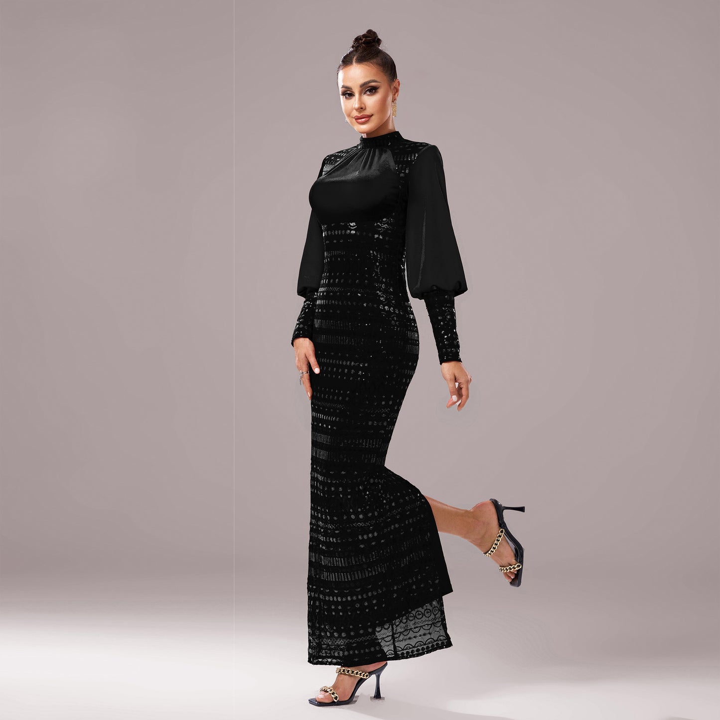 Long Sleeve Round Neck Sequins Slit Evening Dress  ((DHL Fast Shipping))