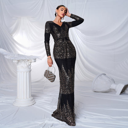 Long Sleeve V-neck Sexy Slim-fit Long Sequined Banquet Evening Dress  
((DHL Fast Shipping))