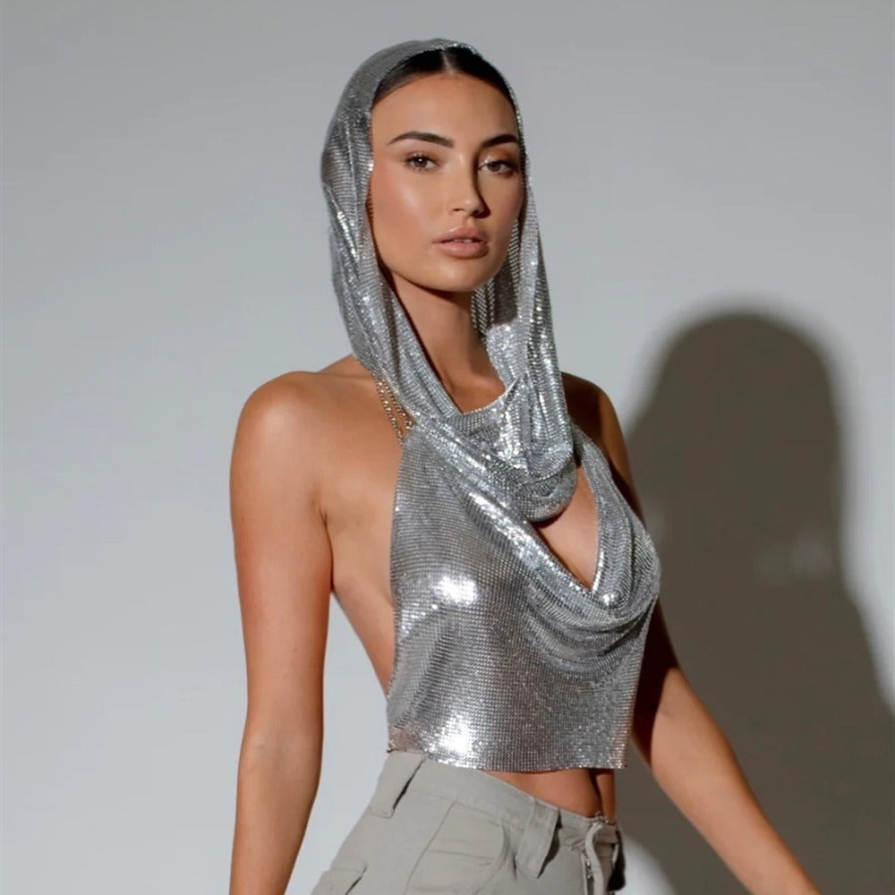 Back Slit Metal Sequins Top Scarf Two-piece Set ((DHL Fast Shipping))