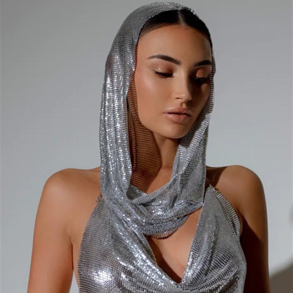 Back Slit Metal Sequins Top Scarf Two-piece Set ((DHL Fast Shipping))