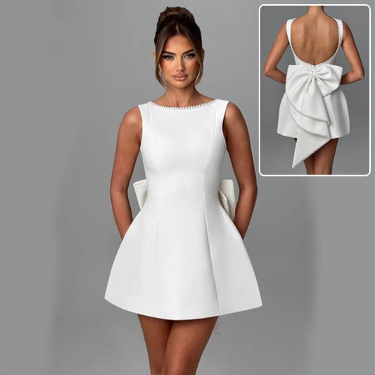 Bowed Pearl Backless Dress – Elegant Sleeveless A-Line Party Evening Outfit